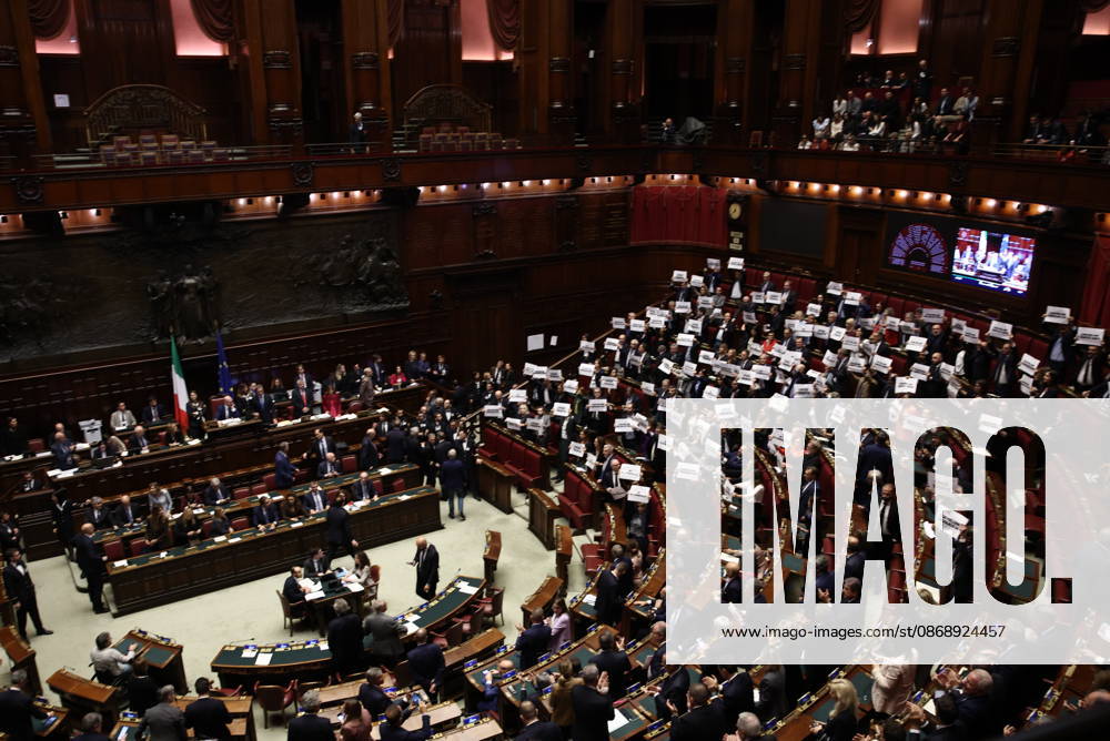 Opposition signs read This is a fraudulent law during the secret ballot vote on the new electoral law in the Chamber of Deputies, Rome, October 8, 2026. Rome Italy - ZUMAa289 20261008_zia_a289_007