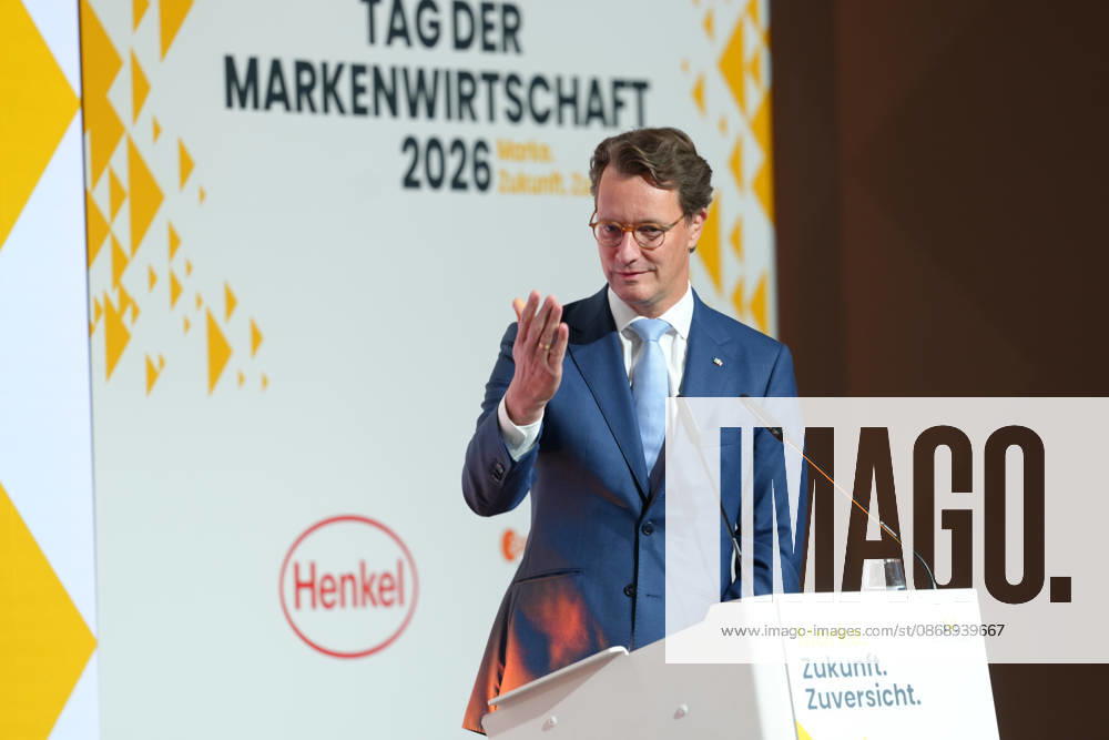 Brand Economy Day 2026 NRW: Minister President Hendrik Wuest on stage delivering his laudatory speech for Tim Hottges, winner of the Mensch Marke award, at Brand Economy Day 2026, Berlin, October 8, 2026, Berlin, Germany