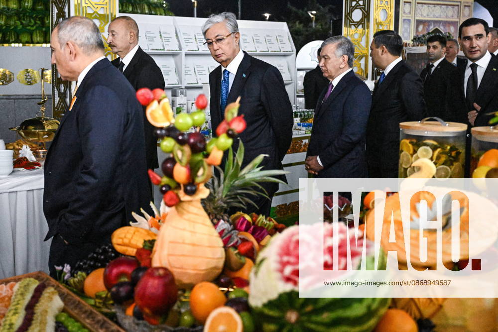 TURKMENISTAN, BALKAN PROVINCE - OCTOBER 8, 2026: Presidents Ilham Aliyev of Azerbaijan, Kassym-Jomart Tokayev of Kazakhstan, and Shavkat Mirziyoyev (L-R middle) of Uzbekistan visit a traditional food festival in the Awaza National Tourist Zone on the sidelines of a meeting of the CIS (Commonwealth of Independent States) Council of Heads of State in Turkmenbasy Turkmenistan - ZUMAt113 20261008_zaa_t113_549