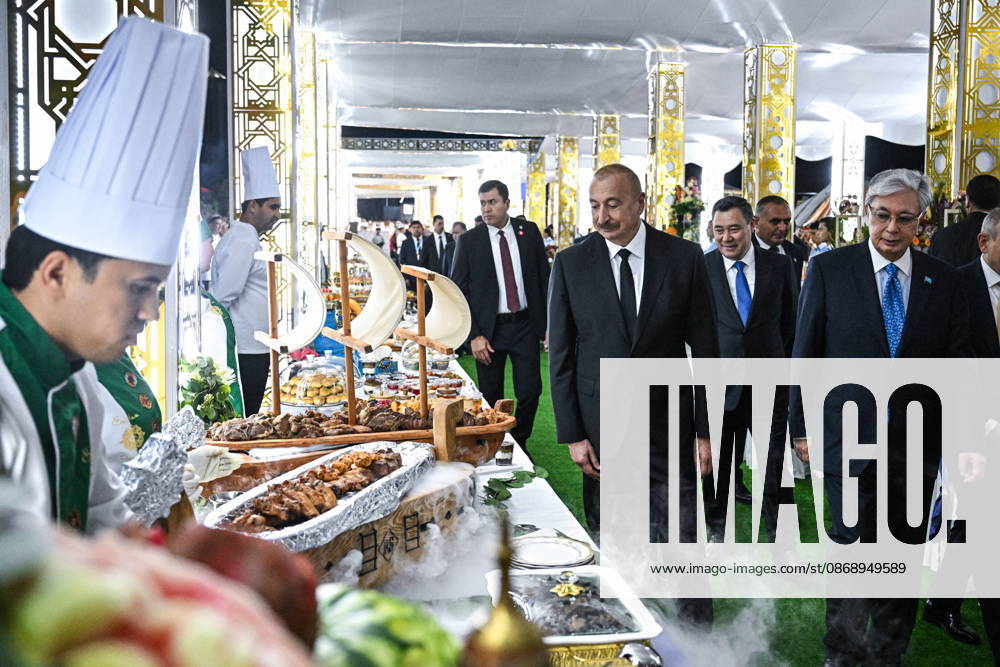 TURKMENISTAN, BALKAN PROVINCE - OCTOBER 8, 2026: Presidents Kassym-Jomart Tokayev of Kazakhstan, Ilham Aliyev (R-L front) of Azerbaijan, and Sadyr Japarov of Kyrgyzstan visit a traditional food festival in the Awaza National Tourist Zone on the sidelines of a meeting of the CIS (Commonwealth of Independent States) Council of Heads of State in Turkmenbasy Turkmenistan - ZUMAt113 20261008_zaa_t113_550