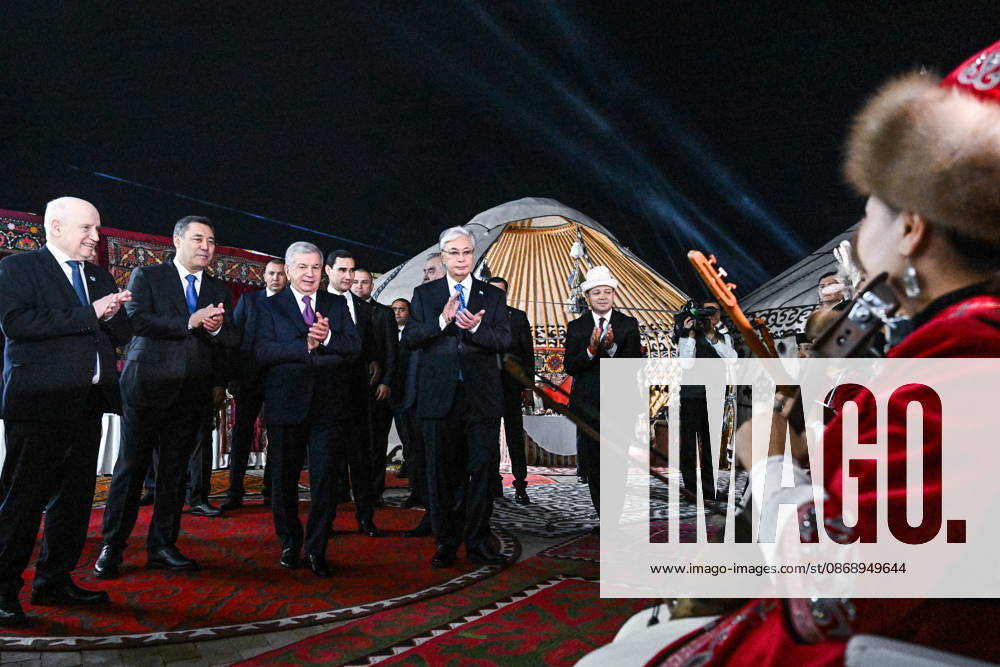 TURKMENISTAN, BALKAN PROVINCE - OCTOBER 8, 2026: Sergei Lebedev, Secretary General of the Commonwealth of Independent States (CIS), Presidents Japar Sadyrov of Kyrgyzstan, Shavkat Mirziyoyev of Uzbekistan, and Kassym-Jomart Tokayev (L-R front) of Kazakhstan visit a traditional food festival in the Awaza National Tourist Zone on the sidelines of a meeting of the CIS Council of Heads of State in Turkmenbasy Turkmenistan - ZUMAt113 20261008_zaa_t113_551