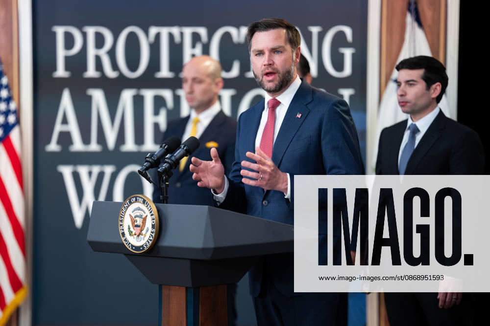 Vice President JD Vance gives remarks during an announcement in the South Court Auditorium of the Eisenhower Executive Office Building (EEOB) next to the White House in Washington, DC, on Thursday, October 8, 2026. The Trump administration said Thursday that it would suspend an immigration program for multiple tech firms, including Microsoft Corp., alleging widespread abuse of a worker visa system. WASP20261008101 AaronxSchwartz