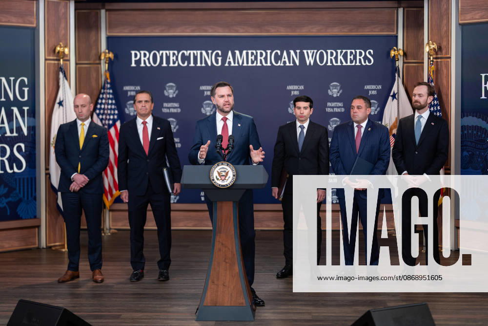 Vice President JD Vance gives remarks during an announcement in the South Court Auditorium of the Eisenhower Executive Office Building (EEOB) next to the White House in Washington, DC, on Thursday, October 8, 2026. The Trump administration said Thursday that it would suspend an immigration program for multiple tech firms, including Microsoft Corp., alleging widespread abuse of a worker visa system. WASP20261008104 AaronxSchwartz