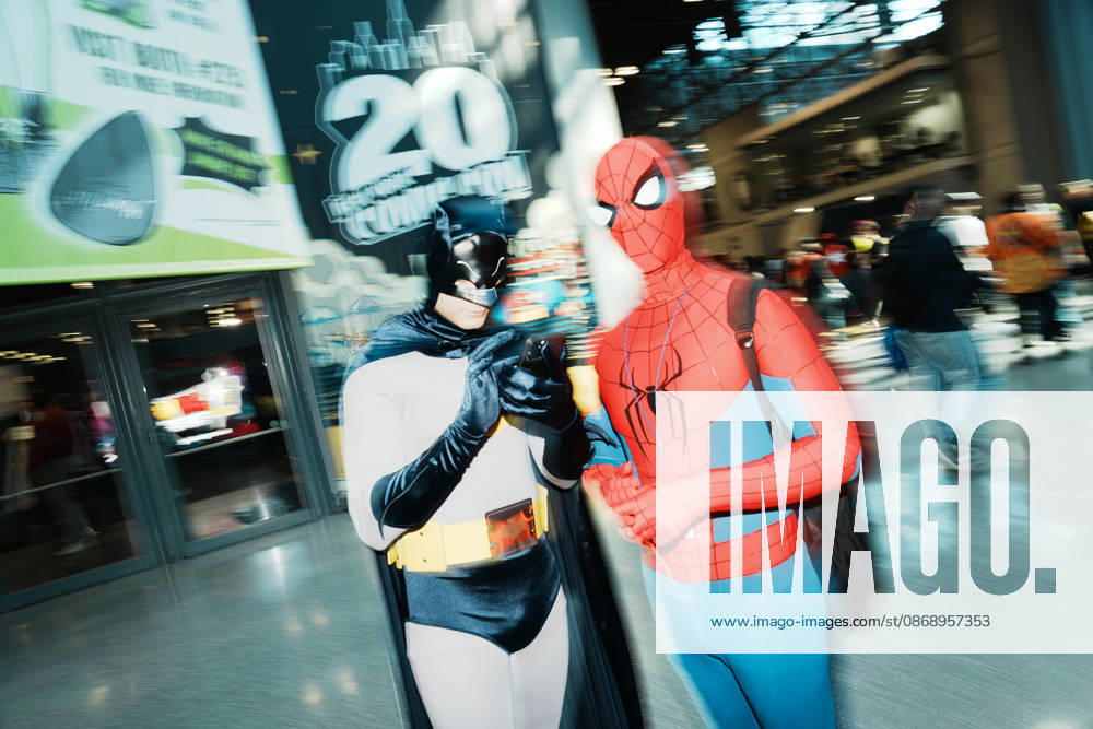 People in cosplay as Batman and Spiderman at the 2026 New York Comic Con at the Javits Center on October 8, 2026 in New York. New York USA - ZUMAb148 20261008_zap_b148_055