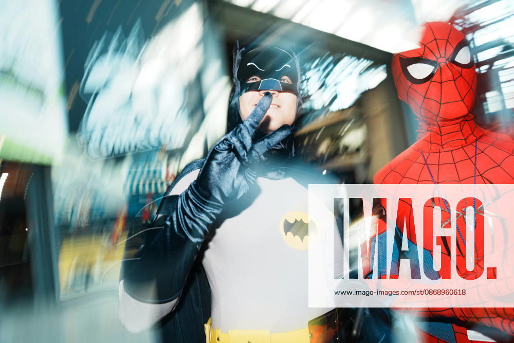 People in cosplay as Batman and Spiderman at the 2026 New York Comic Con at the Javits Center on October 8, 2026 in New York. New York USA - ZUMAb148 20261008_zap_b148_039