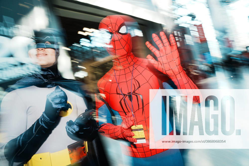 People in cosplay as Batman and Spiderman at the 2026 New York Comic Con at the Javits Center in New York. New York USA - ZUMAb148 20261008_zap_b148_058