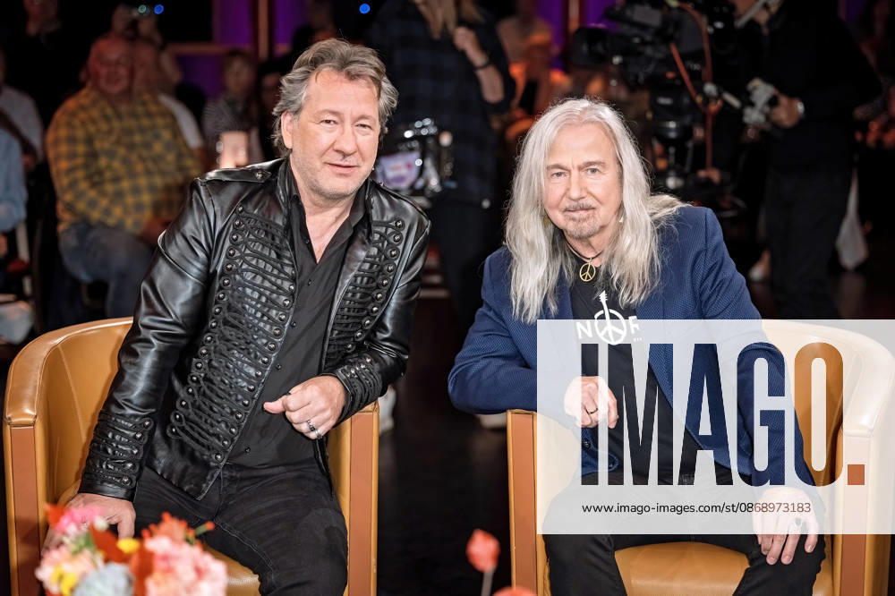 MDR Riverboat singer Claudius Dreilich and guitarist Bernd Römer of KARAT during the taping of the MDR talk show Riverboat on October 8, 2026, at Mediacity Leipzig 20261008SFL0065