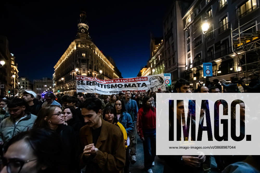 IPA89447767 - MADRID, SPAIN. OCTOBER 8. Thousands of people are taking part in the Hasta Siempre, Maricarmen march, from Puerta del Sol to the home where 87-year-old Maricarmen Abascal lived; she died on October 7 after being hospitalized following her eviction on September 23, in Madrid, Spain, on October 8, 2026. Organized by the Sindicato de Inquilinas of Madrid, the demonstration paid tribute to the woman, who had become a symbol of the struggle for the right to housing amid Spains housing crisis. Participants carried flowers, candles, and protest signs, calling for an end to evictions and greater housing protections.