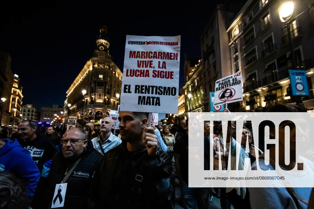 IPA89447768 - MADRID, SPAIN. OCTOBER 8. Thousands of people are taking part in the Hasta Siempre, Maricarmen march, from Puerta del Sol to the home where 87-year-old Maricarmen Abascal lived; she died on October 7 after being hospitalized following her eviction on September 23, in Madrid, Spain, on October 8, 2026. Organized by the Sindicato de Inquilinas of Madrid, the demonstration paid tribute to the woman, who had become a symbol of the struggle for the right to housing amid Spains housing crisis. Participants carried flowers, candles, and protest signs, calling for an end to evictions and greater housing protections.
