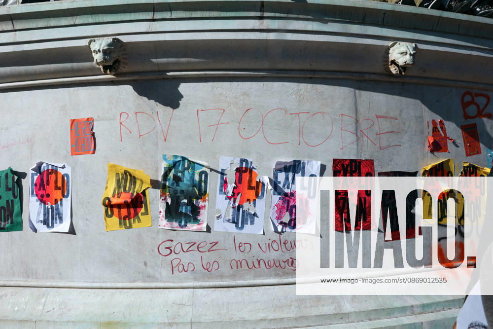 High School And University Student Protest - Paris Several pieces of graffiti on the July Column bearing the message: See you on October 17 and Gas the rapists, not the minors . Nationwide mobilization by high school and university students calling for better teaching and study conditions, increased funding and staffing, an end to overcrowded classrooms and deteriorating infrastructure, and improved access to education, amidst concerns over social inequalities and student financial insecurity in Paris, France, October 8, 2026. Photo by Christophe Michel ABACAPRESS.COM Paris ILE DE FRANCE France