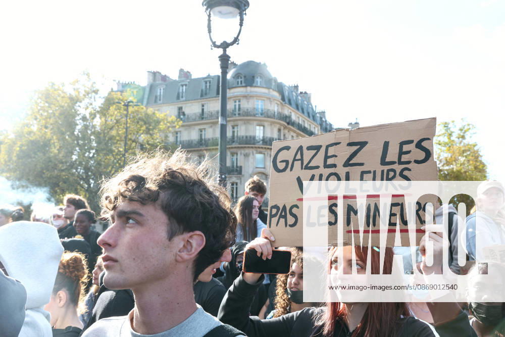 High School And University Student Protest - Paris A protester holds a sign reading Gas the rapists, not the minors at Place de la Bastille during a nationwide youth demonstration. Nationwide mobilization by high school and university students calling for better teaching and study conditions, increased funding and staffing, an end to overcrowded classrooms and deteriorating infrastructure, and improved access to education, amidst concerns over social inequalities and student financial insecurity in Paris, France, October 8, 2026. Photo by Christophe Michel ABACAPRESS.COM Paris ILE DE FRANCE France