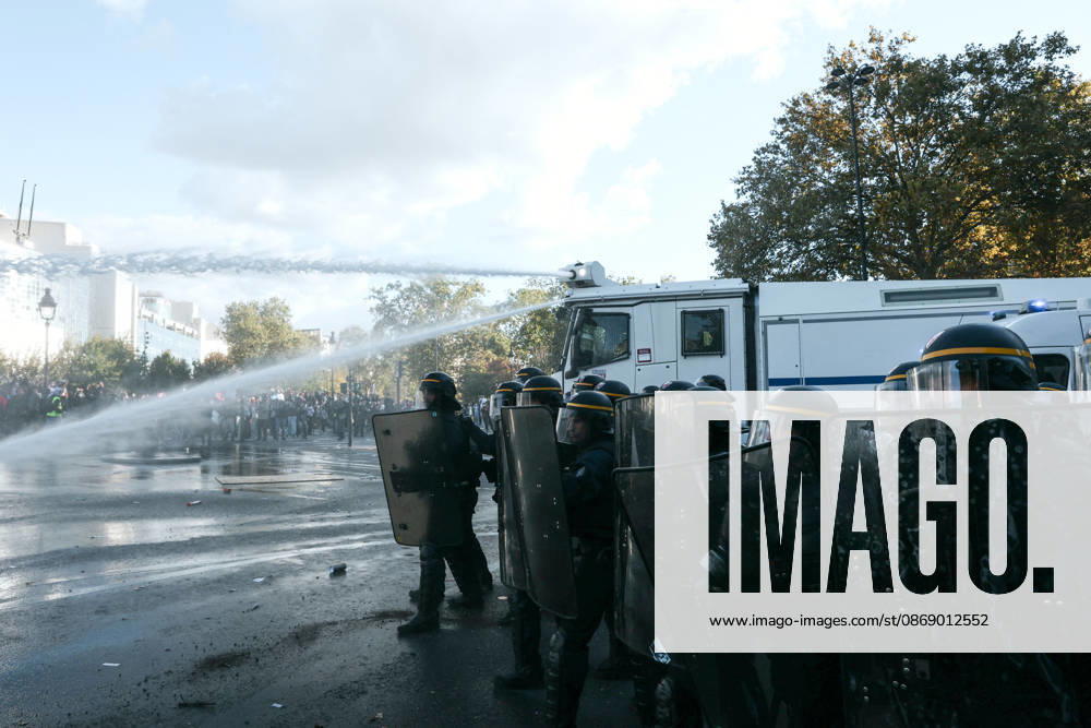 High School And University Student Protest - Paris Water cannon used by police forces to disperse protesters, during a nationwide youth demonstration. Nationwide mobilization by high school and university students calling for better teaching and study conditions, increased funding and staffing, an end to overcrowded classrooms and deteriorating infrastructure, and improved access to education, amidst concerns over social inequalities and student financial insecurity in Paris, France, October 8, 2026. Photo by Christophe Michel ABACAPRESS.COM Paris ILE DE FRANCE France