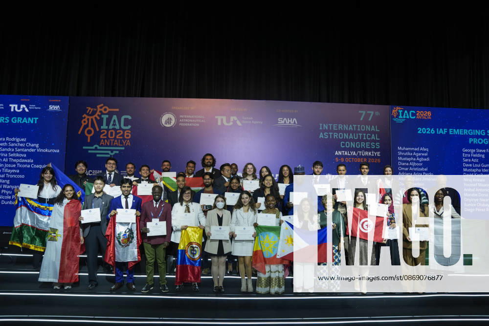 Closing ceremony of the 77th International Astronautical Congress in Antalya ANTALYA, TURKIYE - OCTOBER 09 : Award and certificate ceremony is held for the winners of student competitions during the closing ceremony of the 77th International Astronautical Congress (IAC), organized by the International Astronautical Federation (IAF), at the NEST Congress Center in Antalya, Turkiye on October 09, 2026. Osmancan Gurdogan Anadolu Antalya Turkey. Editorial use only. Please get in touch for any other usage.
