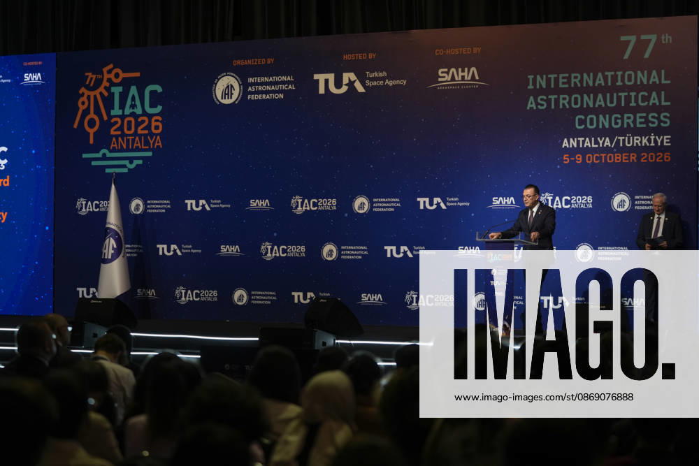 Closing ceremony of the 77th International Astronautical Congress in Antalya ANTALYA, TURKIYE - OCTOBER 09: President of the Turkish Space Agency Yusuf Kirac speaks during the award and certificate ceremony is held for the winners of student competitions during the closing ceremony of the 77th International Astronautical Congress (IAC), organized by the International Astronautical Federation (IAF), at the NEST Congress Center in Antalya, Turkiye on October 09, 2026. Osmancan Gurdogan Anadolu Antalya Turkey. Editorial use only. Please get in touch for any other usage.
