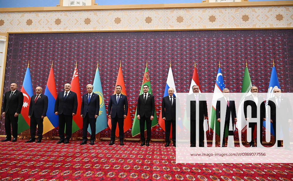 (L-R) Azerbaijani President Ilham Aliyev, Armenian Prime Minister Nikol Pashinyan, Belarusian President Aleksandr Lukashenko, Kazakh President Kassym-Jomart Tokayev, Kyrgyz President Sadyr Japarov, host Turkmen President Serdar Berdimuhamedov, Russian President Vladimir Putin, Tajik President Emomali Rahmon, Uzbek President Shavkat Mirziyoyev, guest of honor Iranian President Masoud Pezeshkian, and CIS Secretary-General Sergey Lebedev pose for an official family photograph during the Commonwealth of Independent States (CIS) Council of Heads of State summit in the Awaza National Tourist Zone near Turkmenbashi, Turkmenistan on Friday, October 9, 2026. TUR2026100905 KremlinxPressxOffice