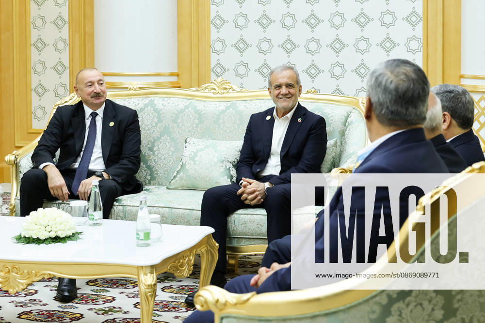 Azerbaijani President Ilham Aliyev, left, and Iranian President Masoud Pezeshkian sit facing members of their delegations during a bilateral meeting in Turkmenbashi, Turkmenistan, on October 9, 2026. According to Azerbaijan s presidency, the leaders reviewed recent bilateral contacts and a recent visit by an Azerbaijani delegation to Iran, said work on the Aghband-Kalaleh project had reached its final stage and discussed follow-up on agreements from their previous meeting in Bishkek. Aliyev also noted Iran s first participation as a non-member state in the CIS Plus format. Turkmenbashi Turkmenistan - ZUMAi98_ 20261009_zih_i98_093