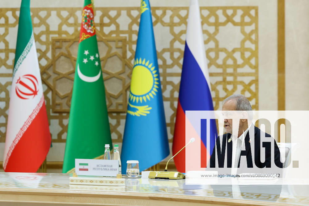 Iranian President Masoud Pezeshkian speaks during the Caspian Environmental Summit in the Avaza National Tourist Zone in Turkmenbashi, Turkmenistan, on October 9, 2026. The first Caspian Environmental Summit, chaired by Turkmen President Serdar Berdimuhamedov, brought together the presidents of Azerbaijan, Iran, Kazakhstan and Russia. The leaders adopted a joint decision aimed at strengthening five-party cooperation on falling Caspian Sea levels, while Pezeshkian called for joint scientific research, data sharing, coordinated action and stronger implementation of the Tehran Convention. Turkmenbashi Turkmenistan - ZUMAi98_ 20261009_zih_i98_086