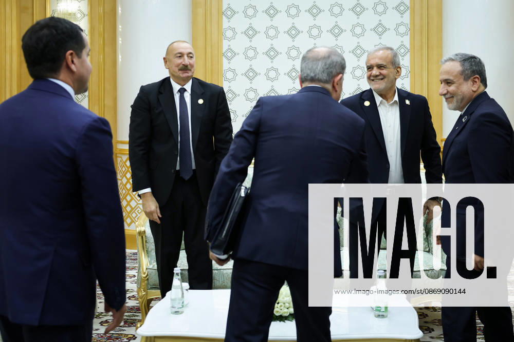 Azerbaijani President Ilham Aliyev, left, and Iranian President Masoud Pezeshkian, right, stand with members of their delegations before a bilateral meeting in Turkmenbashi, Turkmenistan, on October 9, 2026. According to Azerbaijan s presidency, the leaders reviewed recent bilateral contacts and a recent visit by an Azerbaijani delegation to Iran, said work on the Aghband-Kalaleh project had reached its final stage and discussed follow-up on agreements from their previous meeting in Bishkek. Aliyev also noted Iran s first participation as a non-member state in the CIS Plus format. Turkmenbashi Turkmenistan - ZUMAi98_ 20261009_zih_i98_087