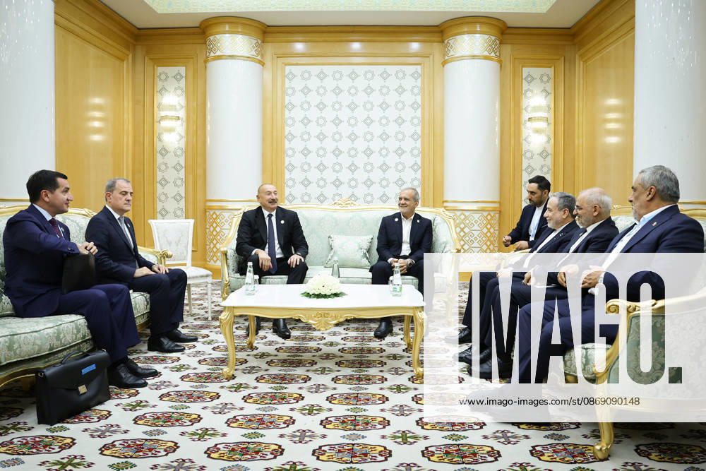 Azerbaijani President Ilham Aliyev, center left, and Iranian President Masoud Pezeshkian, center right, sit with members of their delegations during a bilateral meeting in Turkmenbashi, Turkmenistan, on October 9, 2026. According to Azerbaijan s presidency, the leaders reviewed recent bilateral contacts and a recent visit by an Azerbaijani delegation to Iran, said work on the Aghband-Kalaleh project had reached its final stage and discussed follow-up on agreements from their previous meeting in Bishkek. Aliyev also noted Iran s first participation as a non-member state in the CIS Plus format. Turkmenbashi Turkmenistan - ZUMAi98_ 20261009_zih_i98_088