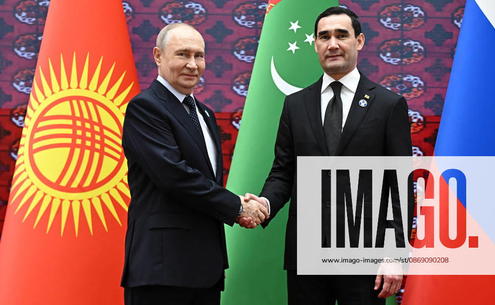 Russian President Vladimir Putin, left, and Turkmenistan s President Serdar Berdymukhamedov shake hands during a welcoming ceremony at the Commonwealth of Independent States (CIS) summit in Turkmenbasy, Turkmenistan, Friday, October 9, 2026. TUR2026100917 KremlinxPressxOffice