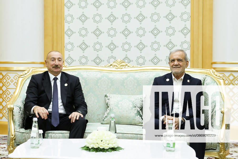 Azerbaijani President Ilham Aliyev, left, and Iranian President Masoud Pezeshkian sit together during their bilateral meeting in Turkmenbashi, Turkmenistan, on October 9, 2026. According to Azerbaijan s presidency, the leaders reviewed recent bilateral contacts and a recent visit by an Azerbaijani delegation to Iran, said work on the Aghband-Kalaleh project had reached its final stage and discussed follow-up on agreements from their previous meeting in Bishkek. Aliyev also noted Iran s first participation as a non-member state in the CIS Plus format. Turkmenbashi Turkmenistan - ZUMAi98_ 20261009_zih_i98_089