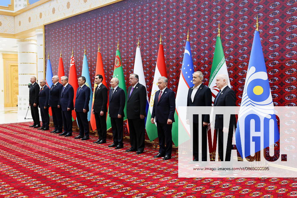 (L-R) Azerbaijani President Ilham Aliyev, Armenian Prime Minister Nikol Pashinyan, Belarusian President Aleksandr Lukashenko, Kazakh President Kassym-Jomart Tokayev, Kyrgyz President Sadyr Japarov, host Turkmen President Serdar Berdimuhamedov, Russian President Vladimir Putin, Tajik President Emomali Rahmon, Uzbek President Shavkat Mirziyoyev, guest of honor Iranian President Masoud Pezeshkian, and CIS Secretary-General Sergey Lebedev pose for an official family photograph during the Commonwealth of Independent States (CIS) Council of Heads of State summit in the Awaza National Tourist Zone near Turkmenbasy, Turkmenistan on Friday, October 9, 2026. TUR2026100922 ThexIranianxPresidency