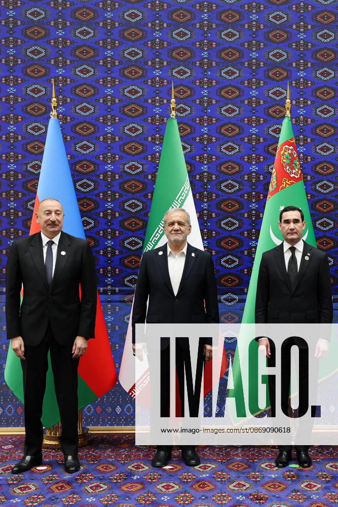 Azerbaijani President Ilham Aliyev, left, Iranian President Masoud Pezeshkian, center, and Turkmen President Serdar Berdimuhamedov pose for photographs during the Caspian Environmental Summit in the Avaza National Tourist Zone in Turkmenbashi, Turkmenistan, on October 9, 2026. The first Caspian Environmental Summit, chaired by Turkmen President Serdar Berdimuhamedov, brought together the presidents of Azerbaijan, Iran, Kazakhstan and Russia. The leaders adopted a joint decision aimed at strengthening five-party cooperation on falling Caspian Sea levels, while Pezeshkian called for joint scientific research, data sharing, coordinated action and stronger implementation of the Tehran Convention. Tu - ZUMAi98_ 20261009_zih_i98_084