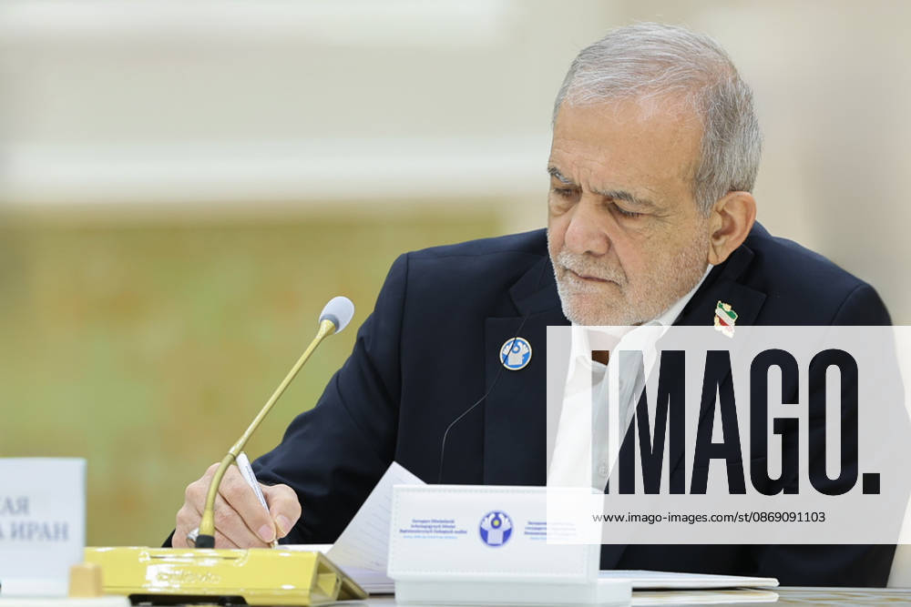Iranian President Masoud Pezeshkian writes on a document during the CIS Council of Heads of State meeting in the Avaza National Tourist Zone in Turkmenbashi, Turkmenistan, on October 9, 2026. The meeting, chaired by Turkmen President Serdar Berdimuhamedov, brought together leaders of CIS states and CIS Secretary General Sergey Lebedev, with Pezeshkian participating for the first time as a special guest. In his address, Pezeshkian called for stronger regional connectivity and cooperation in transport, energy and trade. Turkmenbashi Turkmenistan - ZUMAi98_ 20261009_zih_i98_072