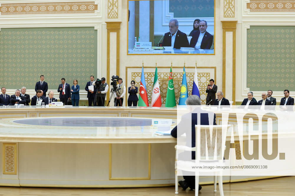 Russian President Vladimir Putin sits at the summit table during the Caspian Environmental Summit in the Avaza National Tourist Zone in Turkmenbashi, Turkmenistan, on October 9, 2026. The first Caspian Environmental Summit, chaired by Turkmen President Serdar Berdimuhamedov, brought together the presidents of Azerbaijan, Iran, Kazakhstan and Russia. The leaders adopted a joint decision aimed at strengthening five-party cooperation on falling Caspian Sea levels, while Pezeshkian called for joint scientific research, data sharing, coordinated action and stronger implementation of the Tehran Convention. Turkmenbashi Turkmenistan - ZUMAi98_ 20261009_zih_i98_077