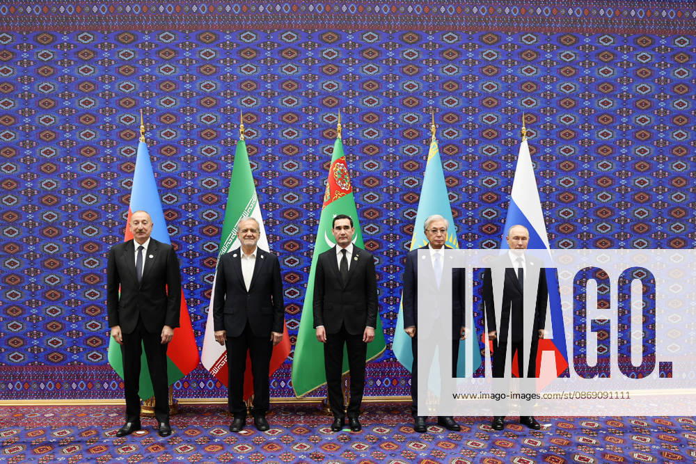Azerbaijani President Ilham Aliyev, Iranian President Masoud Pezeshkian, Turkmen President Serdar Berdimuhamedov, Kazakh President Kassym-Jomart Tokayev and Russian President Vladimir Putin, from left, pose for a group photograph during the Caspian Environmental Summit in the Avaza National Tourist Zone in Turkmenbashi, Turkmenistan, on October 9, 2026. The first Caspian Environmental Summit, chaired by Turkmen President Serdar Berdimuhamedov, brought together the presidents of Azerbaijan, Iran, Kazakhstan and Russia. The leaders adopted a joint decision aimed at strengthening five-party cooperation on falling Caspian Sea levels, while Pezeshkian called for joint scientific research, data sharing - ZUMAi98_ 20261009_zih_i98_080