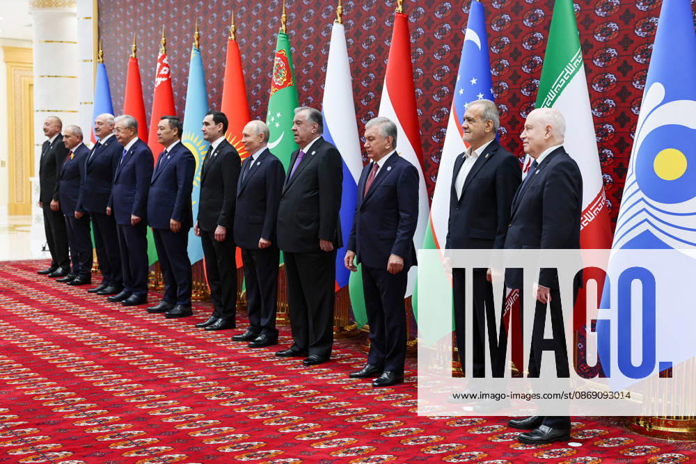 CIS leaders and Iranian President Masoud Pezeshkian stand for a group photograph in front of national and CIS flags in the Avaza National Tourist Zone in Turkmenbashi, Turkmenistan, on October 9, 2026. The meeting, chaired by Turkmen President Serdar Berdimuhamedov, brought together leaders of CIS states and CIS Secretary General Sergey Lebedev, with Pezeshkian participating for the first time as a special guest. Turkmenbashi Turkmenistan - ZUMAi98_ 20261009_zih_i98_013