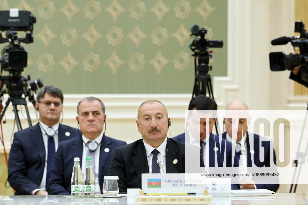 Azerbaijani President Ilham Aliyev sits behind Azerbaijan s nameplate during the Caspian Environmental Summit in the Avaza National Tourist Zone in Turkmenbashi, Turkmenistan, on October 9, 2026. The first Caspian Environmental Summit, chaired by Turkmen President Serdar Berdimuhamedov, brought together the presidents of Azerbaijan, Iran, Kazakhstan and Russia. The leaders adopted a joint decision aimed at strengthening five-party cooperation on falling Caspian Sea levels, while Pezeshkian called for joint scientific research, data sharing, coordinated action and stronger implementation of the Tehran Convention. Turkmenbashi Turkmenistan - ZUMAi98_ 20261009_zih_i98_039