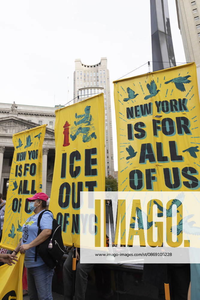 Thousands of people join the Hands Off NYC coalition at a rally outside Federal Plaza in Lower Manhattan before marching through the streets for an emergency protest demanding justice the day following ICE shooting a Bronx man while his 5 year child was in the car. Banners read ICE OUT OF NYC NEW YORK IS FOR ALL OF US. New York USA - ZUMAr174 20261009_znp_r174_002