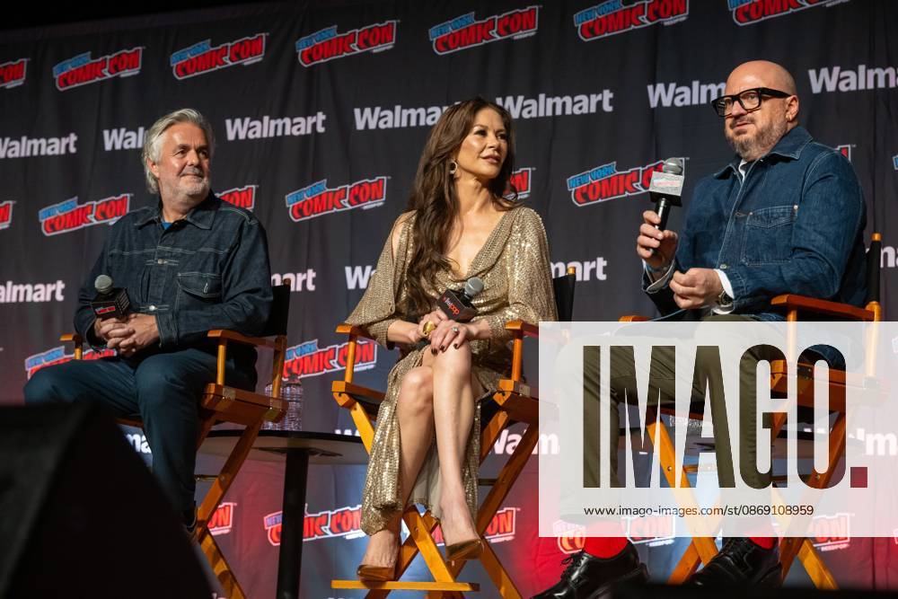 New York Comic Con , New York, USA - 09 Oct (L-R) Tom Butterworth, Catherine Zeta-Jones and Peter Lawson speak at AMC+ Spotlight: Kill Jackie during New York Comic Con 2026 at Jacob Javits Center on October 09, 2026 in New York City. New York United States