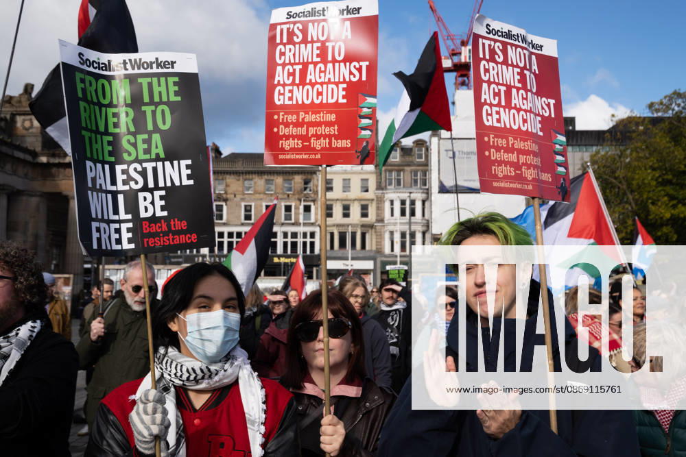 Hundreds of people took part in a demonstration in Edinburgh organised by pro-Palestine groups Gaza Genocide Emergency Committee and Stop the War Scotland to mark the third anniversary of the 7 October 2023 Hamas-led attacks on Israel and the subsequent war in Gaza. The demonstration formed part of what organisers described as the first fully coordinated global day of protests for Palestine, with participants calling on the UK Government to end all arms sales to Israel and impose full sanctions. Edinburgh UK - ZUMAs357 20261010_zip_s357_002