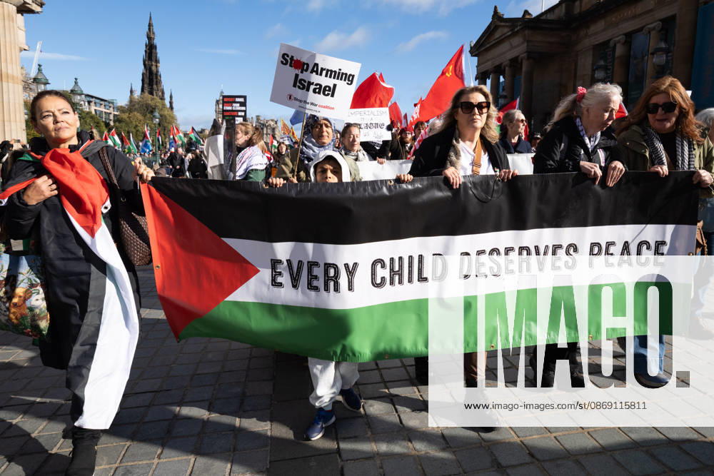 Hundreds of people took part in a demonstration in Edinburgh organised by pro-Palestine groups Gaza Genocide Emergency Committee and Stop the War Scotland to mark the third anniversary of the 7 October 2023 Hamas-led attacks on Israel and the subsequent war in Gaza. The demonstration formed part of what organisers described as the first fully coordinated global day of protests for Palestine, with participants calling on the UK Government to end all arms sales to Israel and impose full sanctions. Edinburgh UK - ZUMAs357 20261010_zip_s357_010