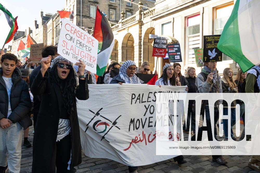 Hundreds of people took part in a demonstration in Edinburgh organised by pro-Palestine groups Gaza Genocide Emergency Committee and Stop the War Scotland to mark the third anniversary of the 7 October 2023 Hamas-led attacks on Israel and the subsequent war in Gaza. The demonstration formed part of what organisers described as the first fully coordinated global day of protests for Palestine, with participants calling on the UK Government to end all arms sales to Israel and impose full sanctions. Edinburgh UK - ZUMAs357 20261010_zip_s357_014