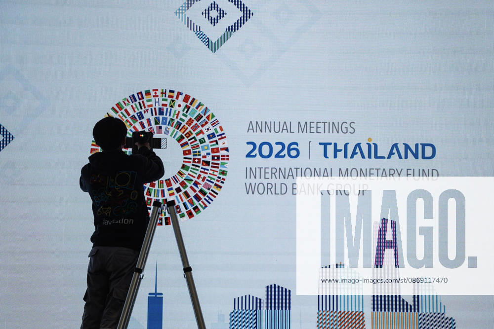 IMF World Bank 2026 Annual Meetings In Bangkok. Thai workers prepare the logo of the annual meetings of the International Monetary Fund (IMF) and the World Bank Group at the Queen Sirikit National Convention Center in Bangkok, Thailand, on October 10, 2026. Bangkok Bangkok Thailand