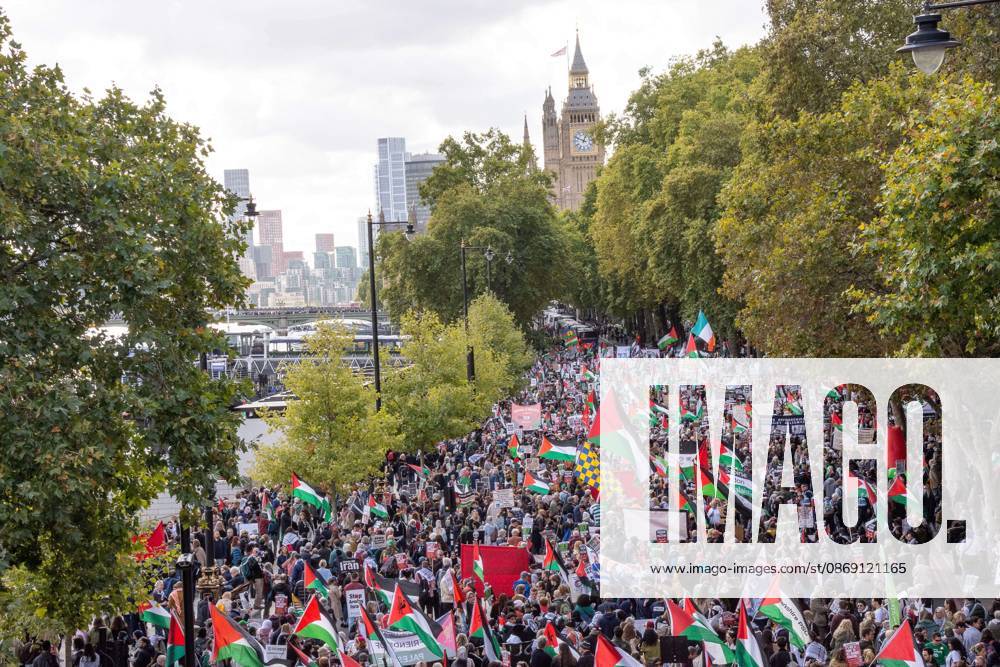 The National March for Palestine took place to mark the third anniversary of the start of the war in Gaza. Around ten thousand gathered on The Thames embankment and marched to Parliament Squre. They faced an Israeli counter demonstration of a handfull of protesters. Some arrests were reported by police. London England - ZUMAr169 20261010_zip_r169_054