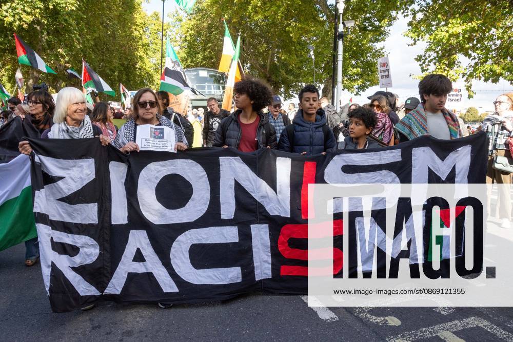 The National March for Palestine took place to mark the third anniversary of the start of the war in Gaza. Around ten thousand gathered on The Thames embankment and marched to Parliament Squre. They faced an Israeli counter demonstration of a handfull of protesters. Some arrests were reported by police. London England - ZUMAr169 20261010_zip_r169_019
