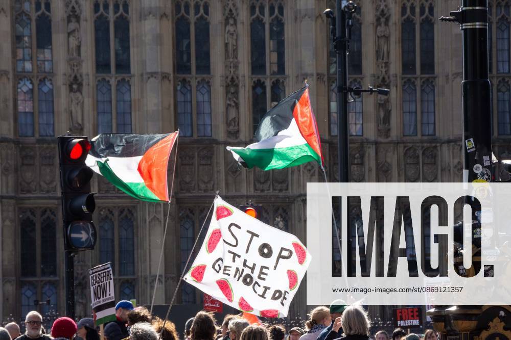 The National March for Palestine took place to mark the third anniversary of the start of the war in Gaza. Around ten thousand gathered on The Thames embankment and marched to Parliament Squre. They faced an Israeli counter demonstration of a handfull of protesters. Some arrests were reported by police. London England - ZUMAr169 20261010_zip_r169_021