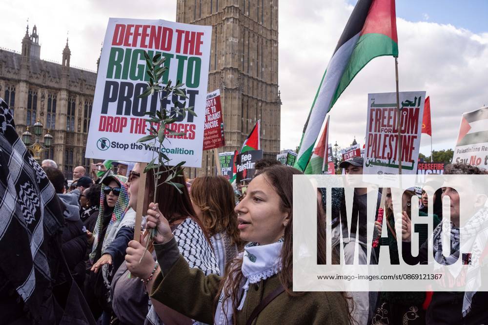 The National March for Palestine took place to mark the third anniversary of the start of the war in Gaza. Around ten thousand gathered on The Thames embankment and marched to Parliament Squre. They faced an Israeli counter demonstration of a handfull of protesters. Some arrests were reported by police. London England - ZUMAr169 20261010_zip_r169_028