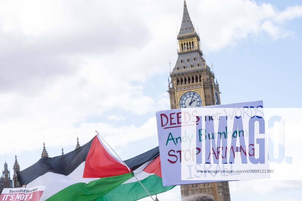 The National March for Palestine took place to mark the third anniversary of the start of the war in Gaza. Around ten thousand gathered on The Thames embankment and marched to Parliament Squre. They faced an Israeli counter demonstration of a handfull of protesters. Some arrests were reported by police. London England - ZUMAr169 20261010_zip_r169_041