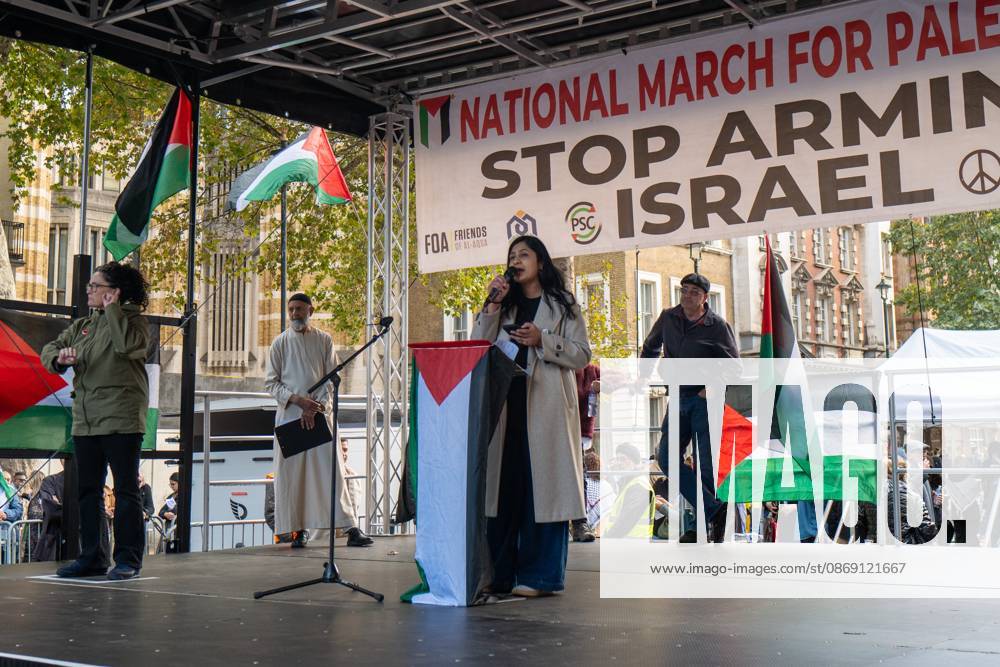 Zarah Saltana, Member of Parliament for Coventry South, speaks at the National March for Palestine in London. The march marks three years since the outbreak of the war in Gaza in October 2023.The National March for Palestine, which was organised by the Palestine Coalition in London. The march marks three years since the outbreak of the war in Gaza in October 2023 London United Kingdom - ZUMAs197 20261010_aaa_s197_070