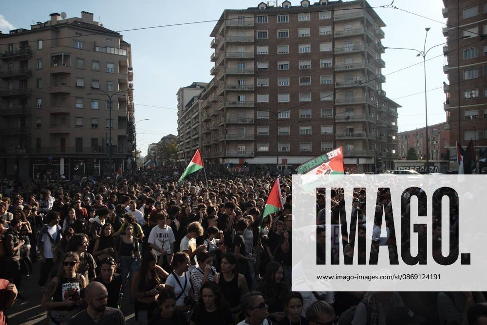 Turin, IT: TURIN, ITALY, OCTOBER 10, 2026: Thousands of pro-Palestinian demonstrators march through Turin during a protest organized by the Torino per Gaza coalition. Tensions erupted near Piazza Castello when police blocked access to the square, leading to clashes between demonstrators and riot police before some protesters were allowed to enter. Participants carried Palestinian flags and displayed effigies of Israeli Prime Minister Benjamin Netanyahu and US President Donald Trump as they marched through the city in support of Palestine. Turin IT - ZUMAq101 20261010_zna_q101_273