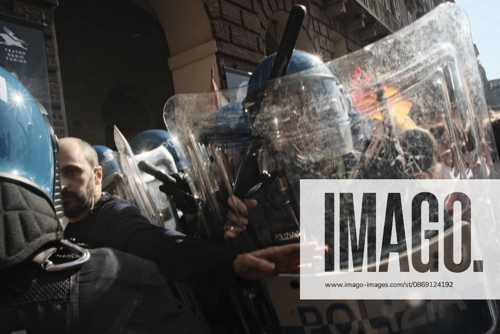 Turin, IT: TURIN, ITALY, OCTOBER 10, 2026: Thousands of pro-Palestinian demonstrators march through Turin during a protest organized by the Torino per Gaza coalition. Tensions erupted near Piazza Castello when police blocked access to the square, leading to clashes between demonstrators and riot police before some protesters were allowed to enter. Participants carried Palestinian flags and displayed effigies of Israeli Prime Minister Benjamin Netanyahu and US President Donald Trump as they marched through the city in support of Palestine. Turin IT - ZUMAq101 20261010_zna_q101_274