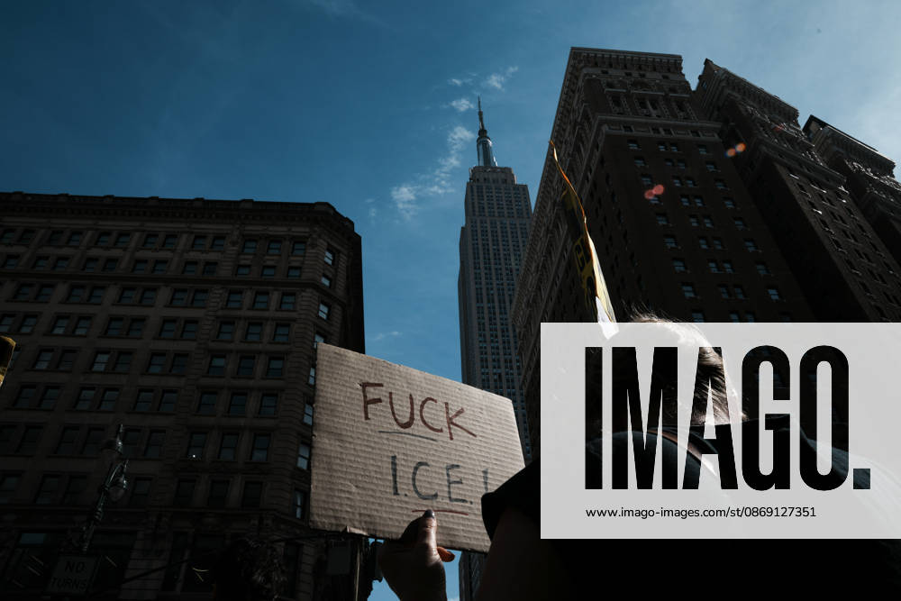 Protesters at an anti-ICE protest in Herald Square on October 10, 2026 in New York City. Protesters take to the streets following an incident where ICE agents shot a 28-year-old-man, Oscar Belgal while he in a vehicle with his 5-year old child in the Marble Hill neighborhood in the Bronx. New York USA - ZUMAb148 20261010_zap_b148_044