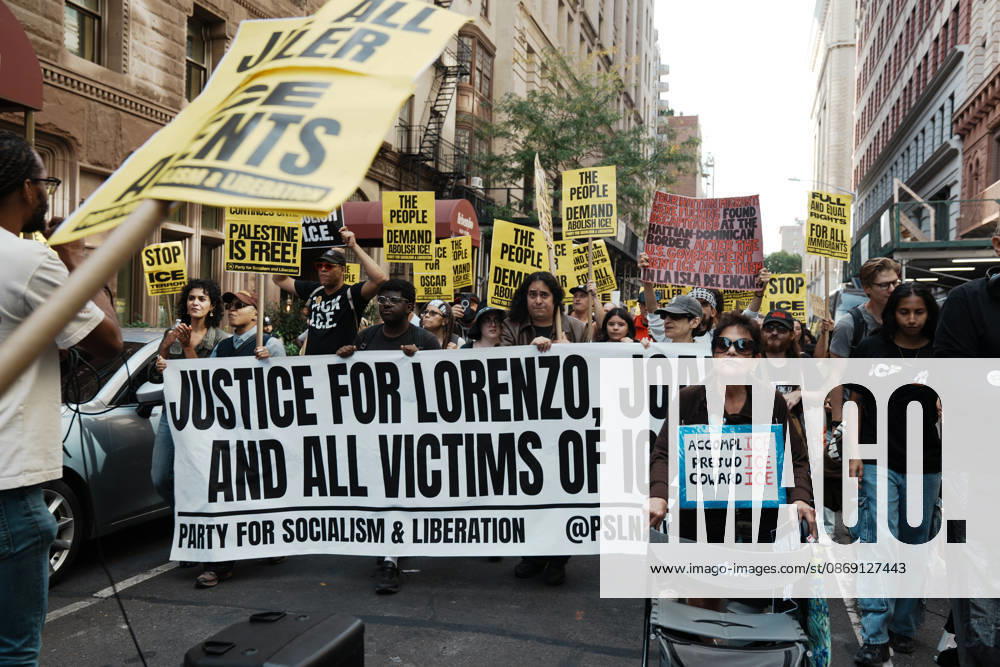 Protesters march through lower Manhattan during an anti-ICE protest on October 10, 2026 in New York City. Protesters take to the streets following an incident where ICE agents shot a 28-year-old-man, Oscar Belgal while he in a vehicle with his 5-year old child in the Marble Hill neighborhood in the Bronx. New York USA - ZUMAb148 20261010_zap_b148_059