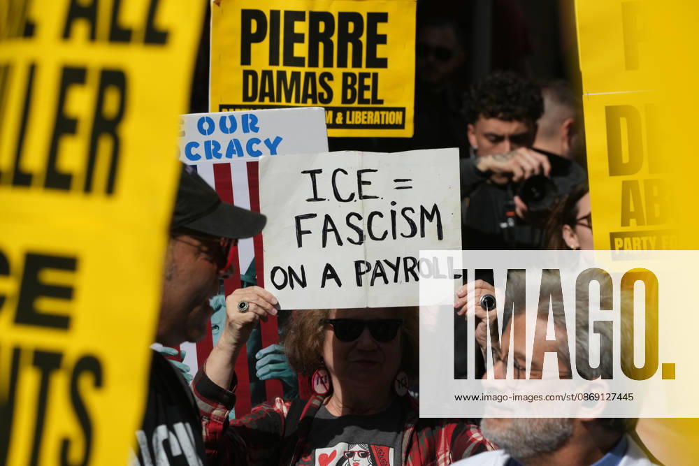 Protesters at an anti-ICE protest in Herald Square on October 10, 2026 in New York City. Protesters take to the streets following an incident where ICE agents shot a 28-year-old-man, Oscar Belgal while he in a vehicle with his 5-year old child in the Marble Hill neighborhood in the Bronx. New York USA - ZUMAb148 20261010_zap_b148_062