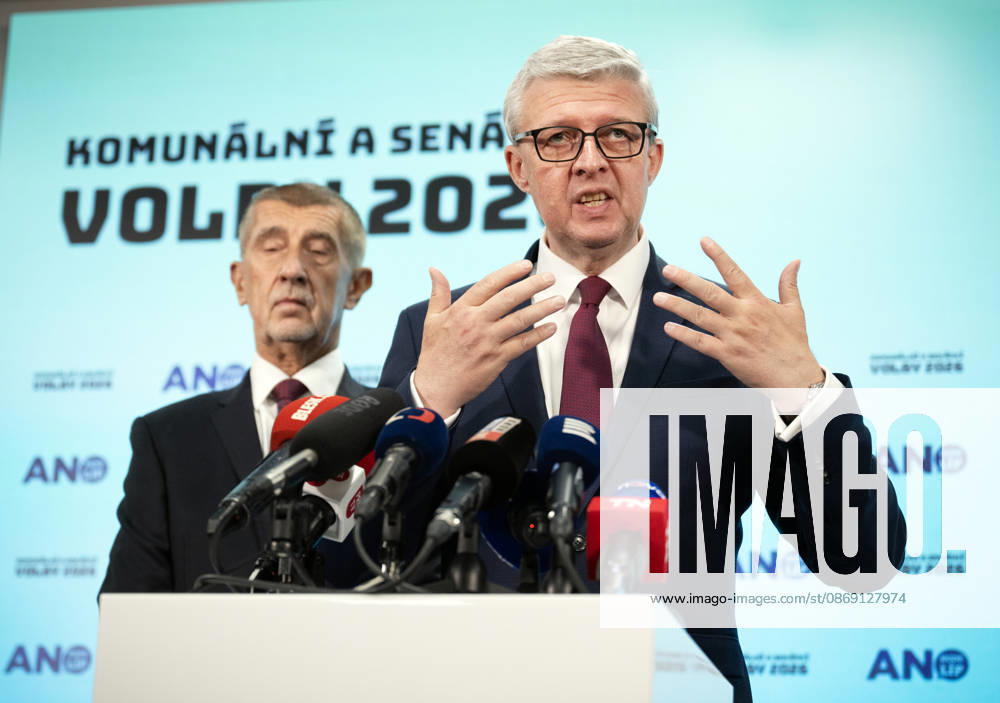 Senior government ANO movement, chairman Andrej Babis (left) and first deputy chairman Karel Havlicek, gives press conference on results of the municipal and Senate elections in the afternoon at Centre for Movement Medicine, Prague 4 - Chodov, on October 10,2026. (CTKxPhoto MichaelaxRihova) CTKPhotoP2026101008595 CTKPhotoP2026101008595